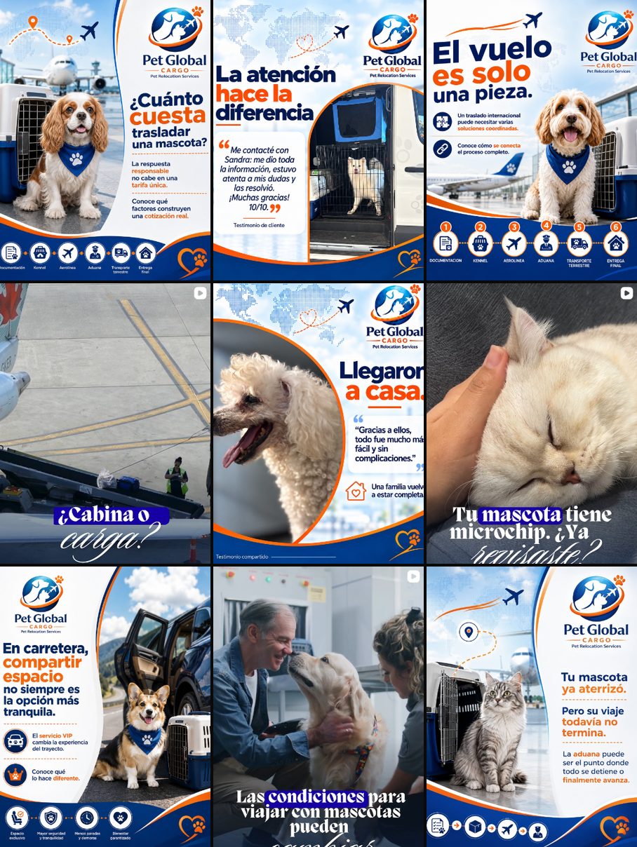 Instagram de Pet Global Cargo con Velocity: diseños con marca, mensajes claros y testimonios